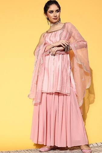Women Embroidered Sleeveless Kurta with Sharara & Dupatta