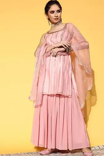 Women Embroidered Sleeveless Kurta with Sharara & Dupatta