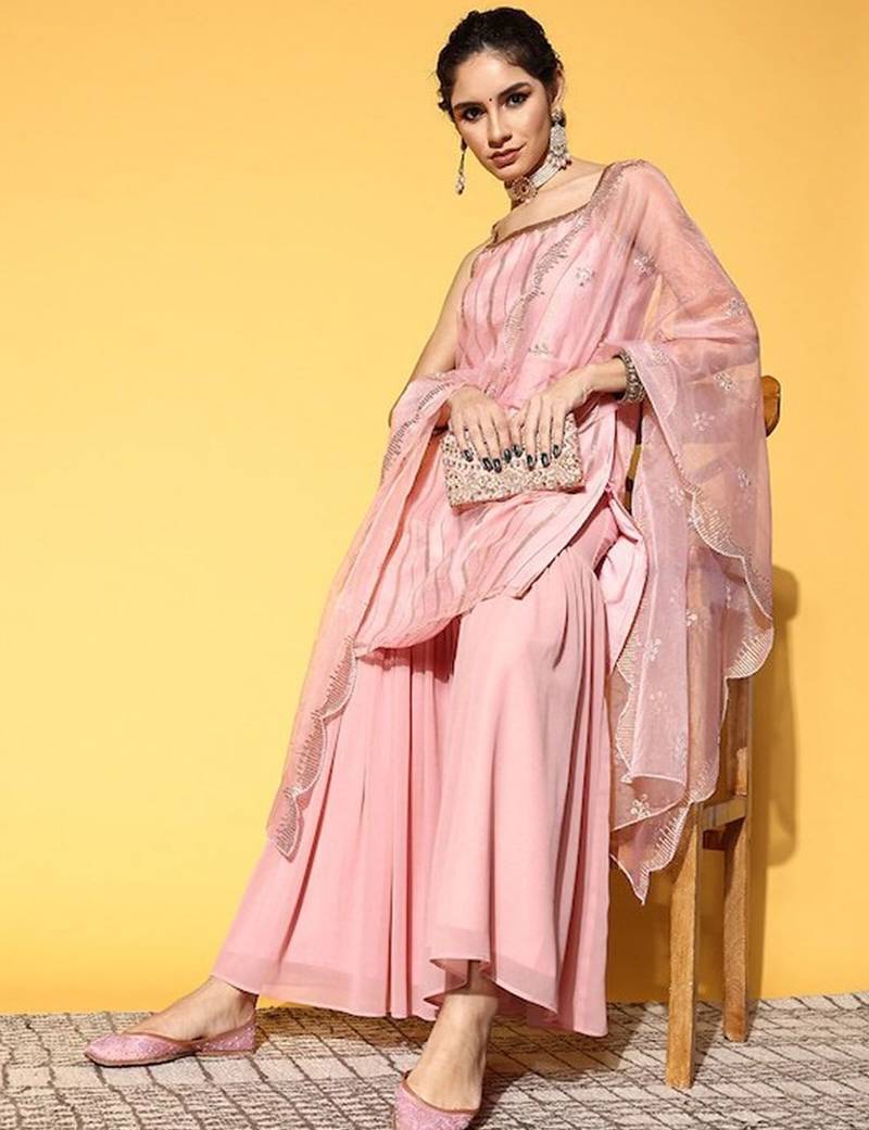 Women Embroidered Sleeveless Kurta with Sharara & Dupatta