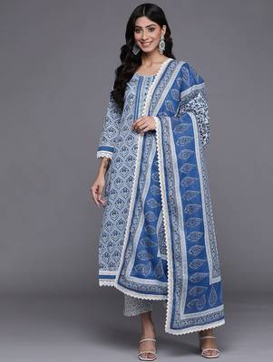 Women Blue & Grey Ethnic Printed Pure Cotton Kurta with Trousers & Dupatta 1