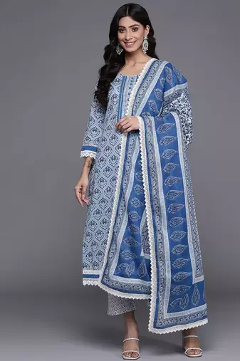 Women Blue & Grey Ethnic Printed Pure Cotton Kurta with Trousers & Dupatta