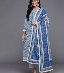 Women Blue & Grey Ethnic Printed Pure Cotton Kurta with Trousers & Dupatta