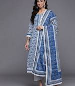 Women Blue & Grey Ethnic Printed Pure Cotton Kurta with Trousers & Dupatta