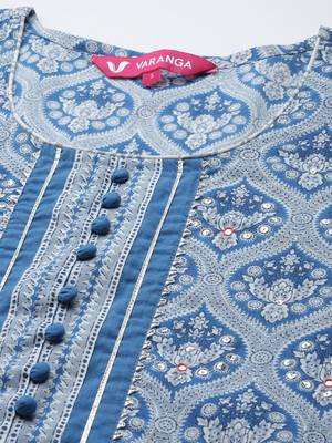 Women Blue & Grey Ethnic Printed Pure Cotton Kurta with Trousers & Dupatta 2