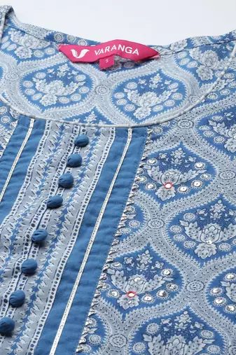 Women Blue & Grey Ethnic Printed Pure Cotton Kurta with Trousers & Dupatta