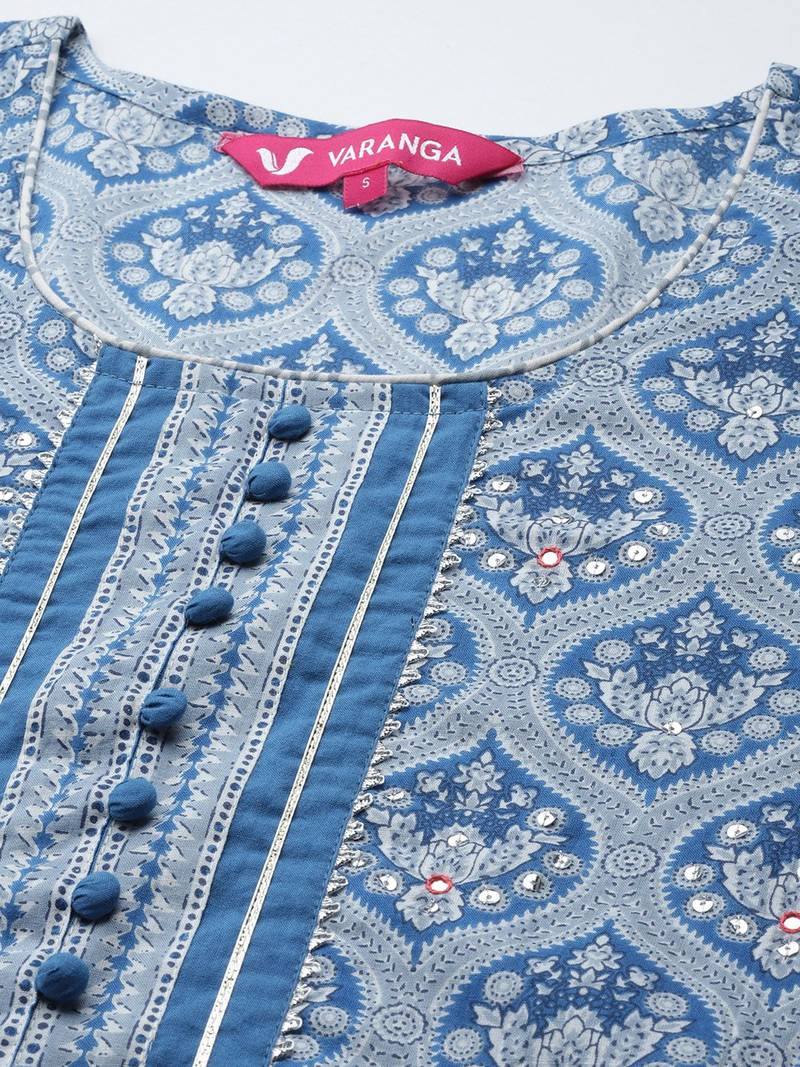 Women Blue & Grey Ethnic Printed Pure Cotton Kurta with Trousers & Dupatta