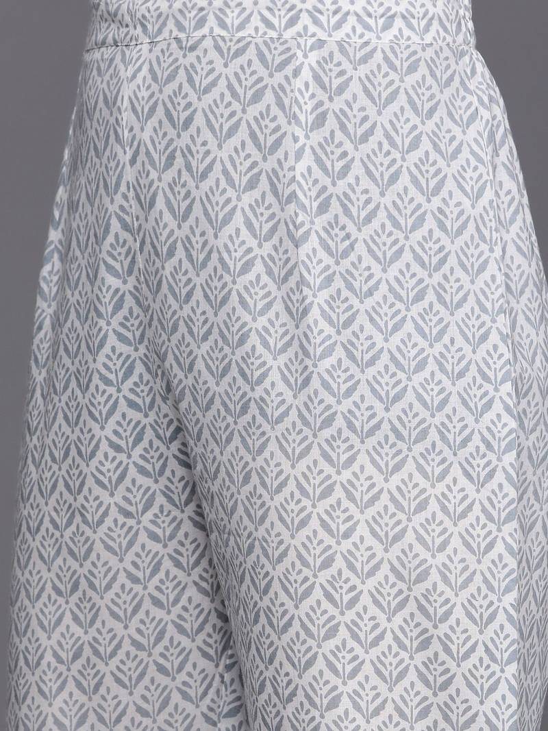 Women Blue & Grey Ethnic Printed Pure Cotton Kurta with Trousers & Dupatta