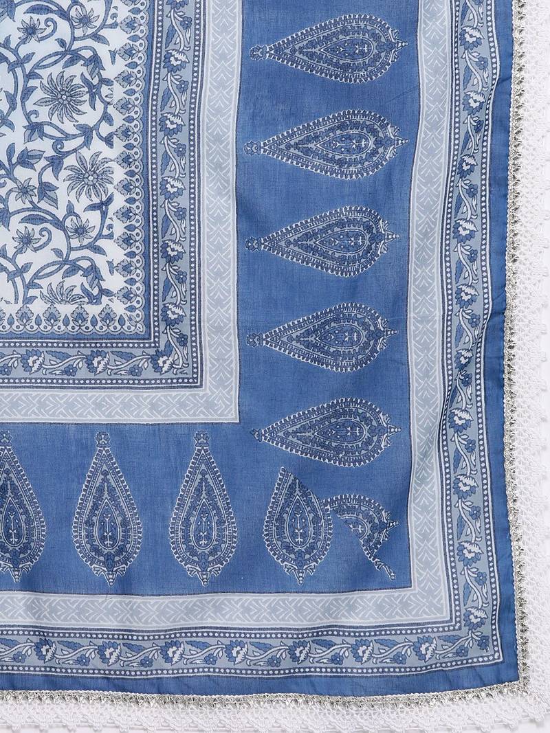 Women Blue & Grey Ethnic Printed Pure Cotton Kurta with Trousers & Dupatta