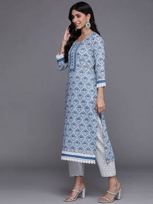 Women Blue & Grey Ethnic Printed Pure Cotton Kurta with Trousers & Dupatta 5