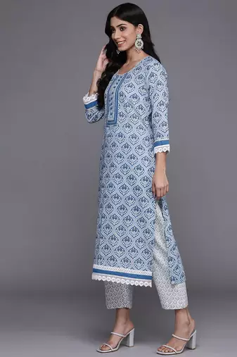 Women Blue & Grey Ethnic Printed Pure Cotton Kurta with Trousers & Dupatta