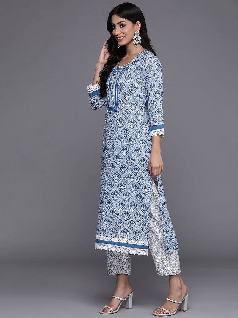 Women Blue & Grey Ethnic Printed Pure Cotton Kurta with Trousers & Dupatta