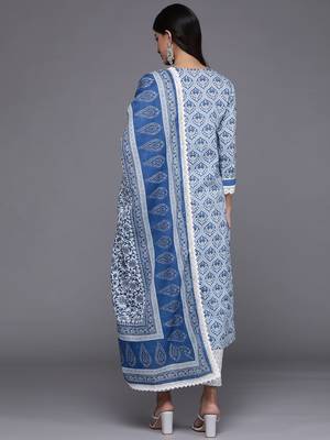 Women Blue & Grey Ethnic Printed Pure Cotton Kurta with Trousers & Dupatta 6