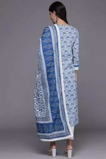 Women Blue & Grey Ethnic Printed Pure Cotton Kurta with Trousers & Dupatta