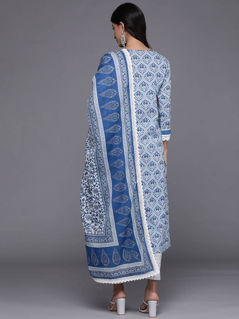 Women Blue & Grey Ethnic Printed Pure Cotton Kurta with Trousers & Dupatta