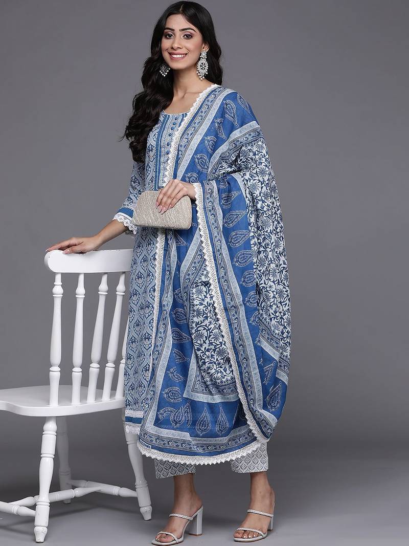Women Blue & Grey Ethnic Printed Pure Cotton Kurta with Trousers & Dupatta