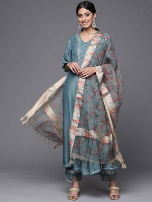 Women Teal Blue Yoke Design Kurta with Trousers & With Dupatta 1