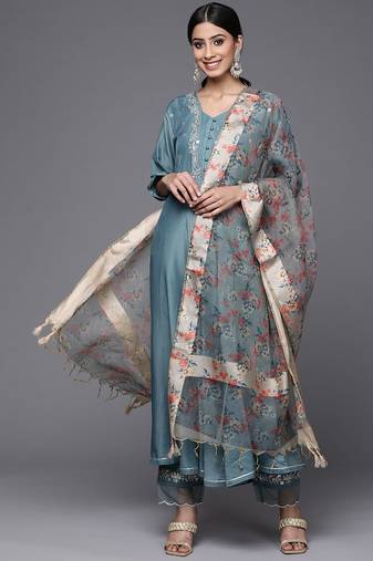 Women Teal Blue Yoke Design Kurta with Trousers & With Dupatta