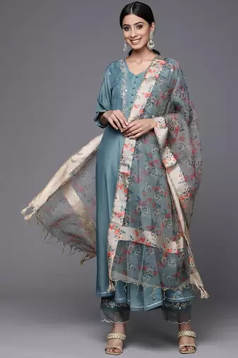 Women Teal Blue Yoke Design Kurta with Trousers & With Dupatta
