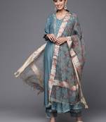 Women Teal Blue Yoke Design Kurta with Trousers & With Dupatta