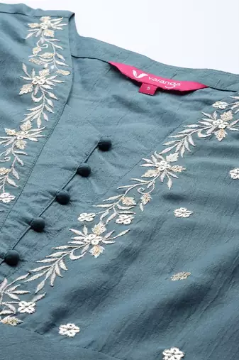 Women Teal Blue Yoke Design Kurta with Trousers & With Dupatta