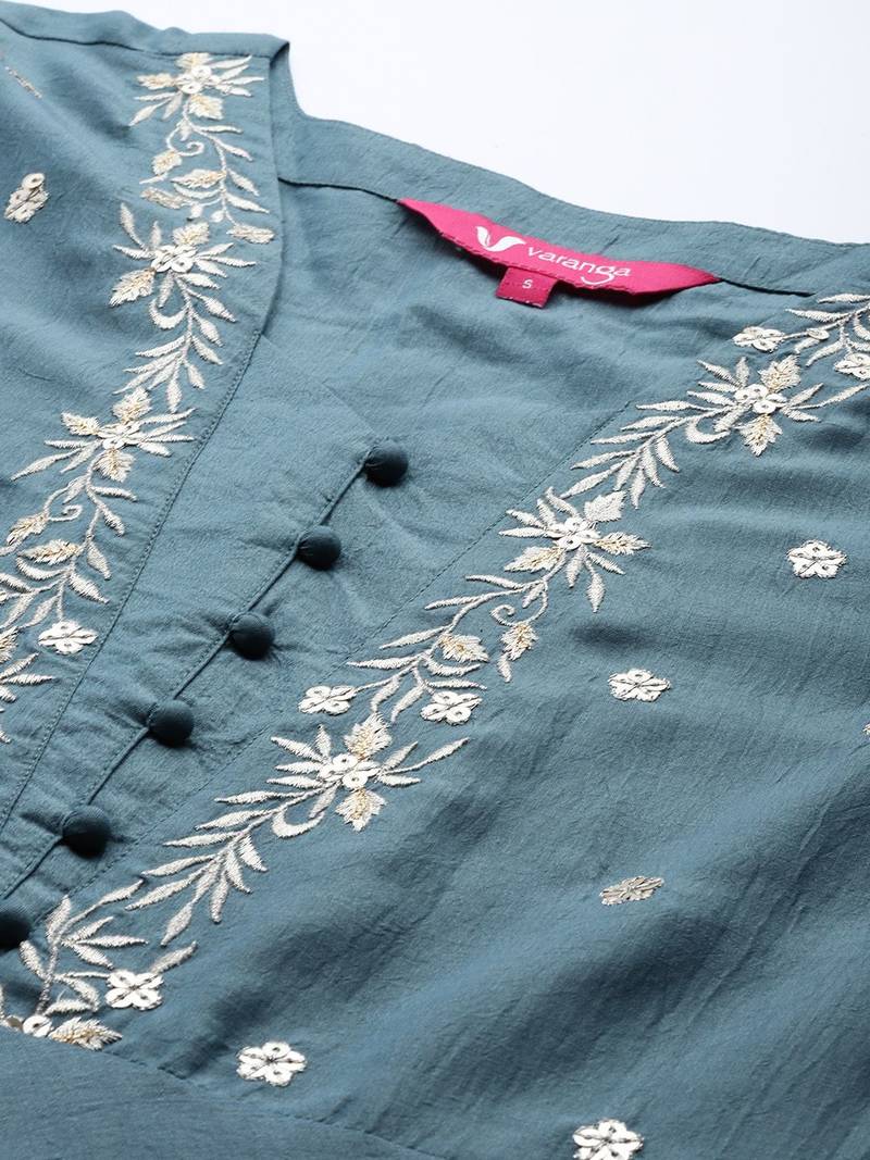 Women Teal Blue Yoke Design Kurta with Trousers & With Dupatta
