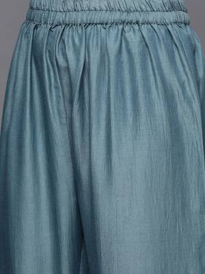 Women Teal Blue Yoke Design Kurta with Trousers & With Dupatta 3