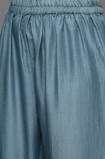 Women Teal Blue Yoke Design Kurta with Trousers & With Dupatta