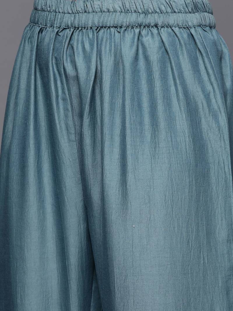 Women Teal Blue Yoke Design Kurta with Trousers & With Dupatta