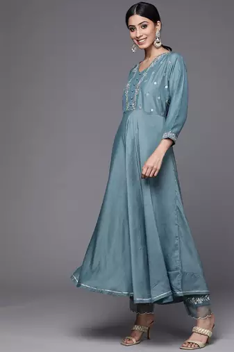 Women Teal Blue Yoke Design Kurta with Trousers & With Dupatta