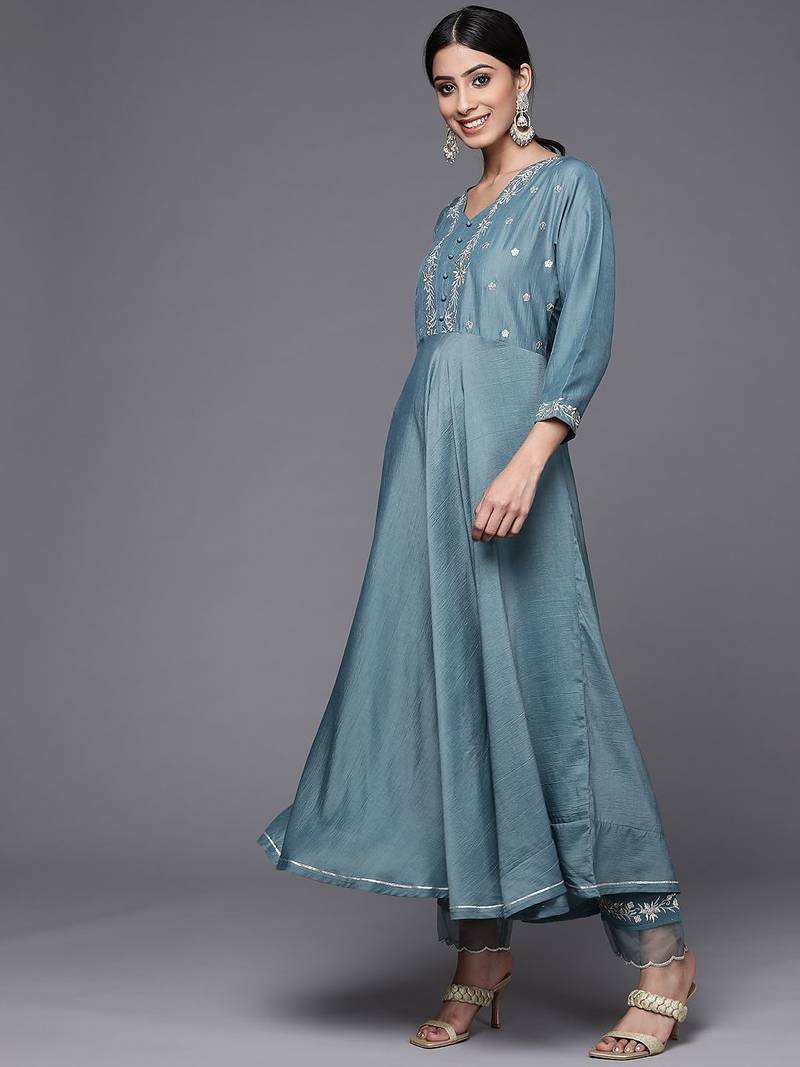 Women Teal Blue Yoke Design Kurta with Trousers & With Dupatta