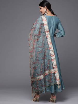 Women Teal Blue Yoke Design Kurta with Trousers & With Dupatta 6