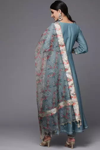 Women Teal Blue Yoke Design Kurta with Trousers & With Dupatta
