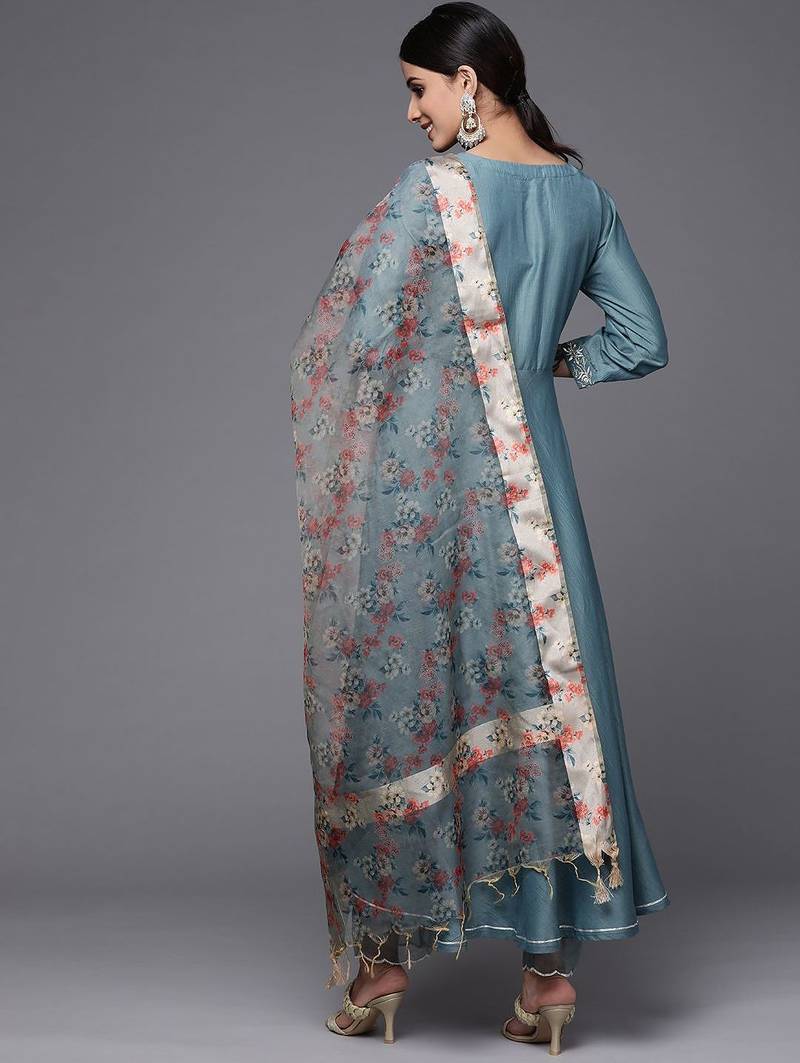 Women Teal Blue Yoke Design Kurta with Trousers & With Dupatta