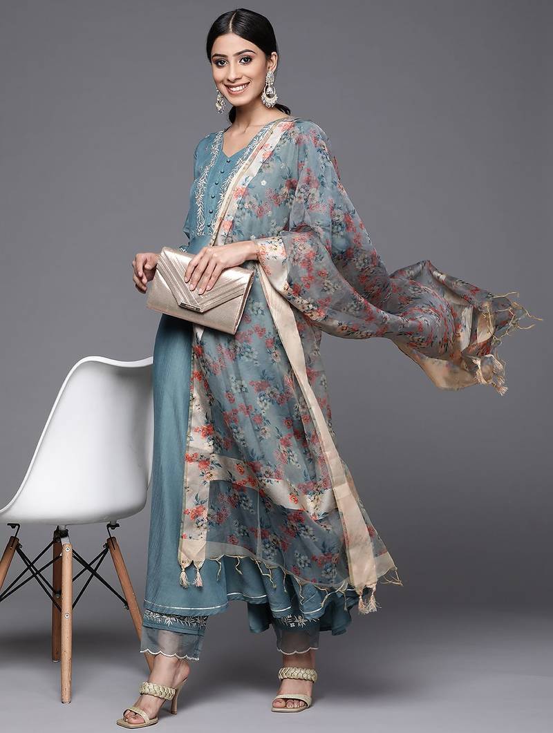 Women Teal Blue Yoke Design Kurta with Trousers & With Dupatta