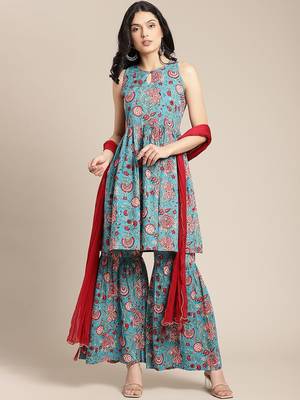 Women Blue Floral Printed Empire Pure Cotton Kurti with Sharara & With Dupatta 1