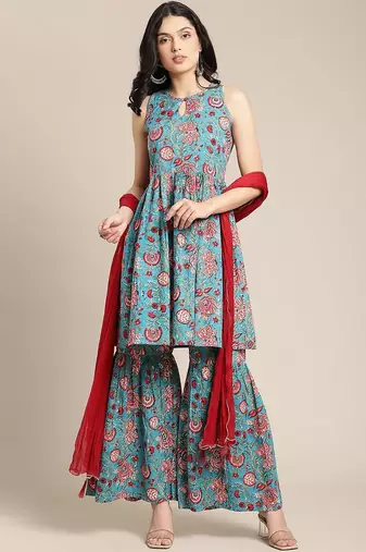 Women Blue Floral Printed Empire Pure Cotton Kurti with Sharara & With Dupatta