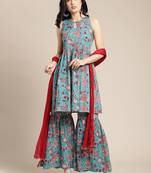 Women Blue Floral Printed Empire Pure Cotton Kurti with Sharara & With Dupatta