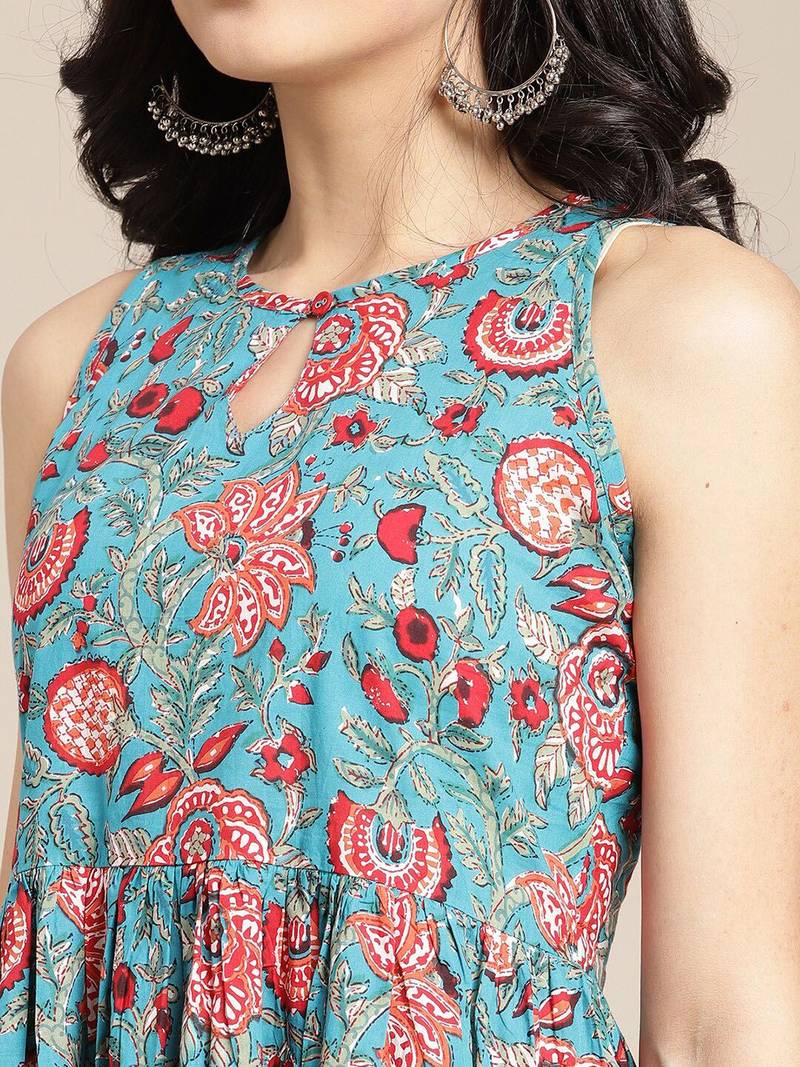 Women Blue Floral Printed Empire Pure Cotton Kurti with Sharara & With Dupatta
