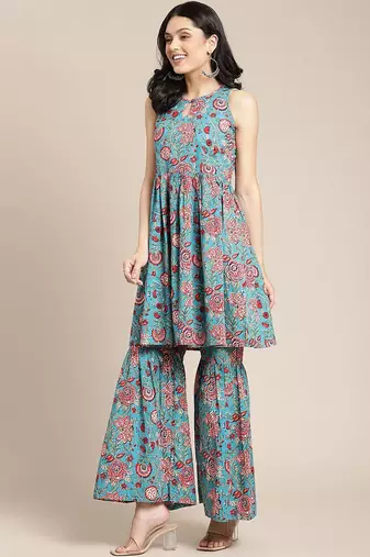 Women Blue Floral Printed Empire Pure Cotton Kurti with Sharara & With Dupatta