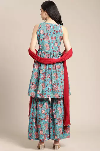 Women Blue Floral Printed Empire Pure Cotton Kurti with Sharara & With Dupatta