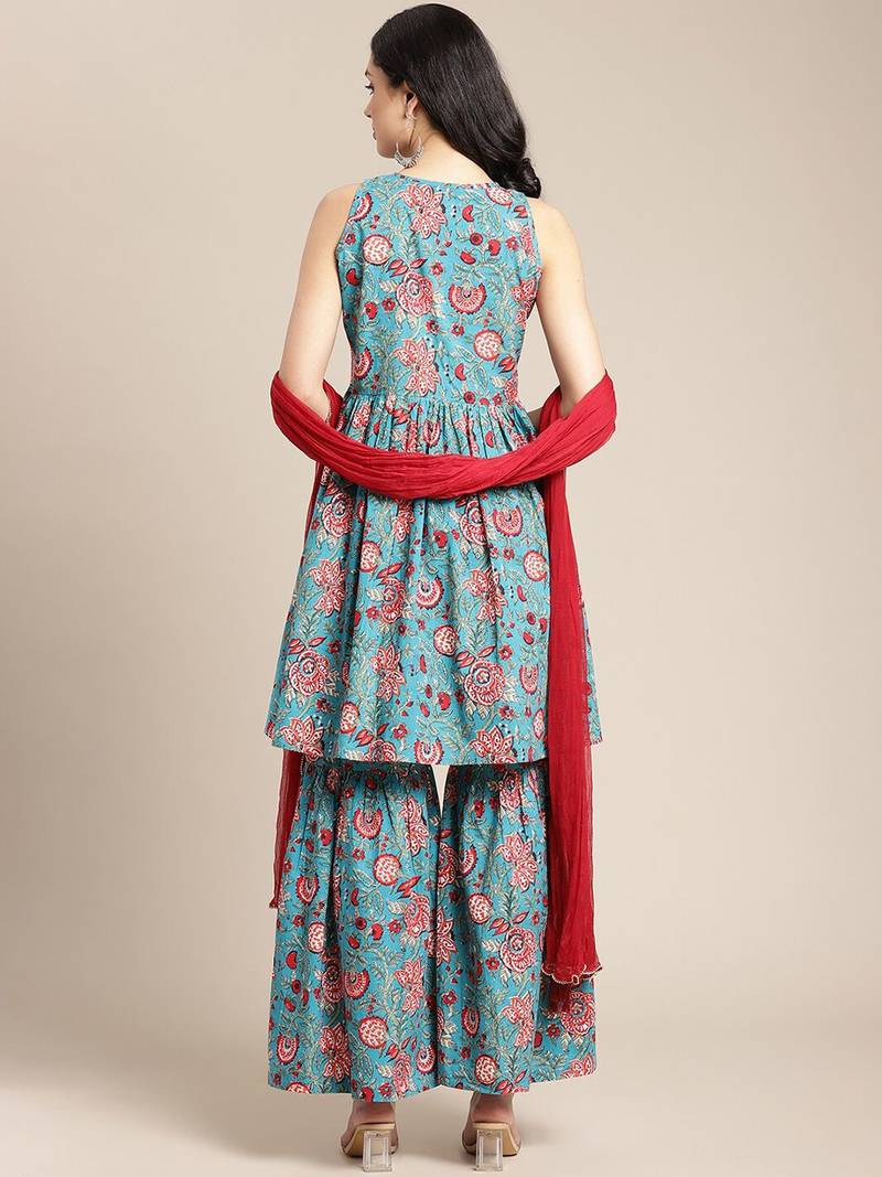 Women Blue Floral Printed Empire Pure Cotton Kurti with Sharara & With Dupatta