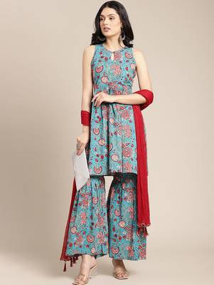 Women Blue Floral Printed Empire Pure Cotton Kurti with Sharara & With Dupatta 7