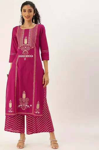Women Magenta Ethnic Motifs Printed Panelled Kurta with Palazzos