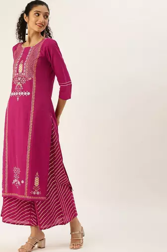 Women Magenta Ethnic Motifs Printed Panelled Kurta with Palazzos