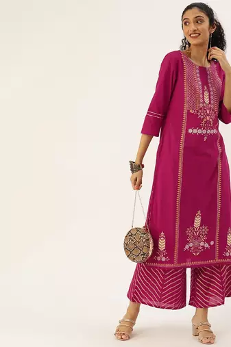 Women Magenta Ethnic Motifs Printed Panelled Kurta with Palazzos