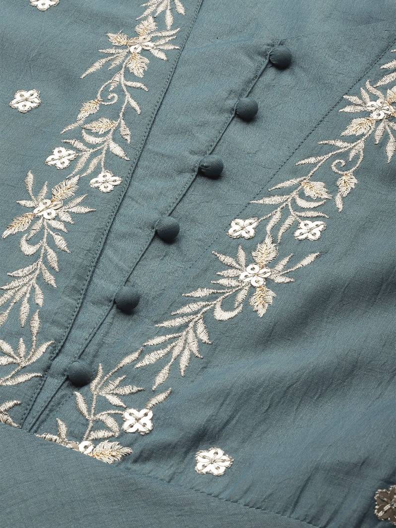 Women Teal Green Embroidered Kurta with Trousers
