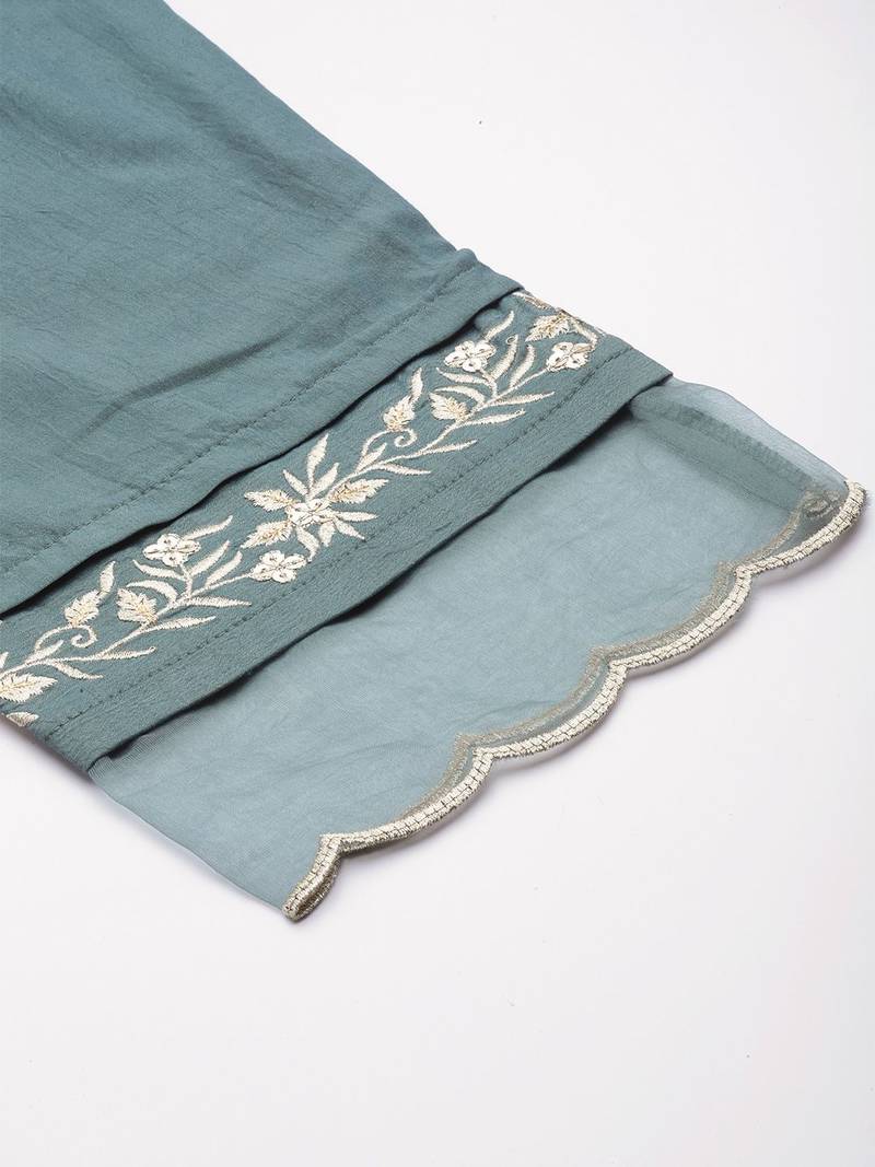 Women Teal Green Embroidered Kurta with Trousers