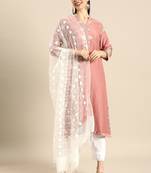 Women Rose & White Embroidered Kurta Set
