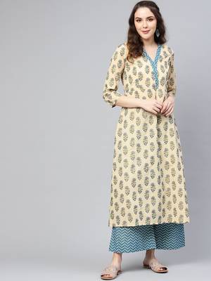 Women Beige & Blue Printed Kurta with Palazzos 1