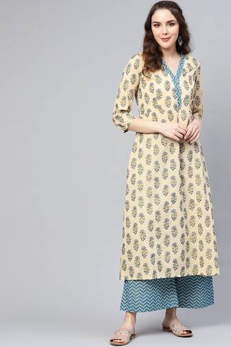 Women Beige & Blue Printed Kurta with Palazzos